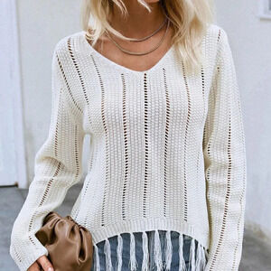 White Boho Womens Fringe Hem Pointelle Knit Sweater